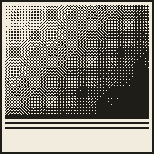 Bayer-dithered diagonal gradient plate over a stack of hard rules, ink on cream