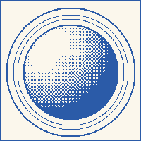 The orb: a dithered lit sphere inside concentric rings, blue on bone