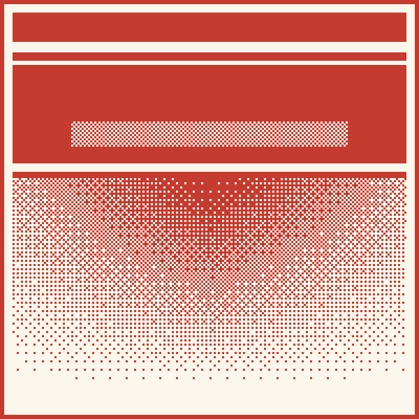 Stamp plate: a solid mass with knocked-out label rules dissolving into dither, red on bone