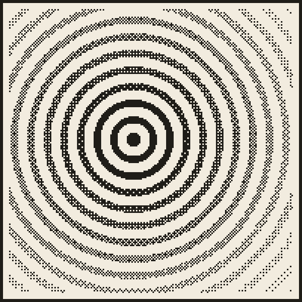 Topographic plate of concentric rings dissolving outward from an offset centre, ink on cream
