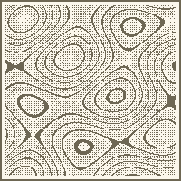 Contour field plate, an interference landscape banded into iso-lines, ink-soft on bone