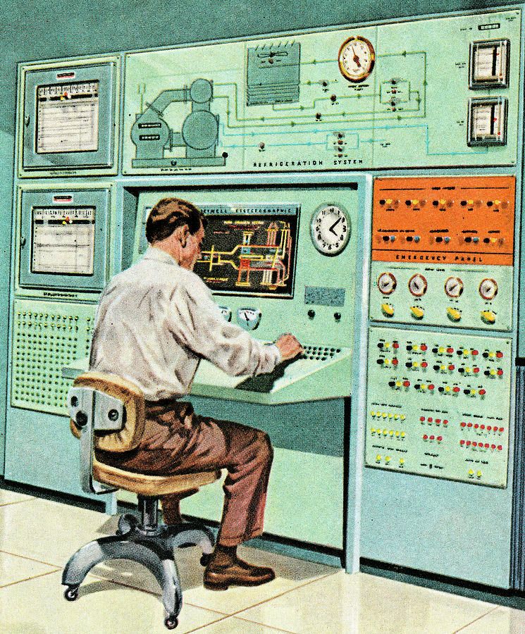 Illustration of an operator at a wall-sized control console